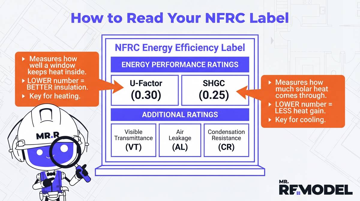 A technical infographic explaining how to read an NFRC window label, with orange callouts highlighting the U-Factor and SHGC energy efficiency ratings.
